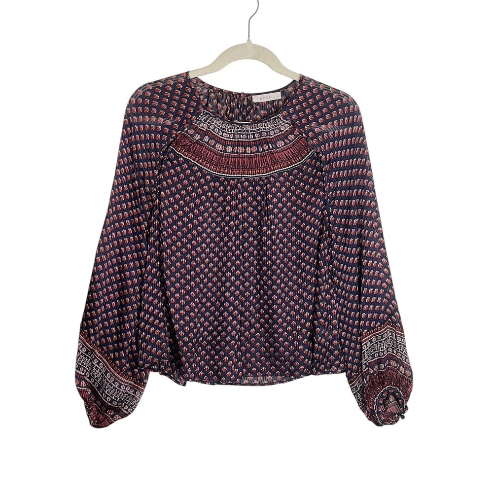 DOEN Silk Smocked Yoke Blouse Small Navy Burgundy Boho Cottagecore Romantic Top